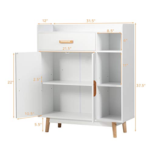 Floor Storage Cabinet, Freestanding Cupboard with 1 Drawer, 2 Doors, 3 Shelves, 4 Rubber Wood Legs, Sideboard, Entryway Unit for Home Office, Living Room, Storage Organizer (White)