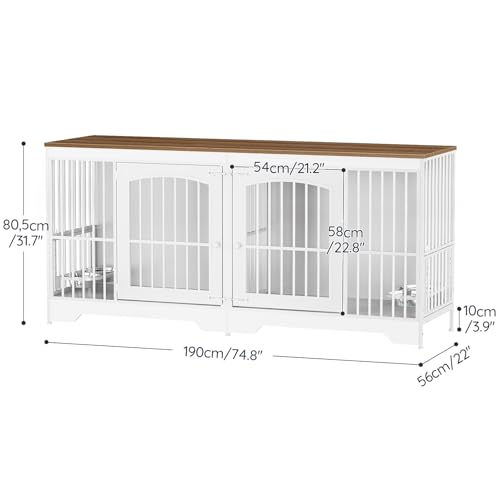 74.8” Dog Crate Furniture for 2 Dogs, Wooden Dog Kennel Indoor with Dog Bowls, view 4