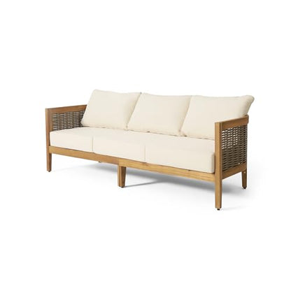 76.5" Outdoor Acacia Wood Wicker 3 Seater Sofa, Patio Furniture Couch for Backyard