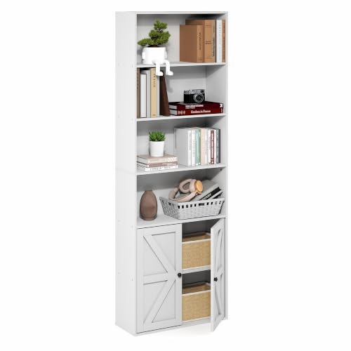 Farmhouse 6-Tier Book Shelf with Doors, Bookshelf, White, view 2