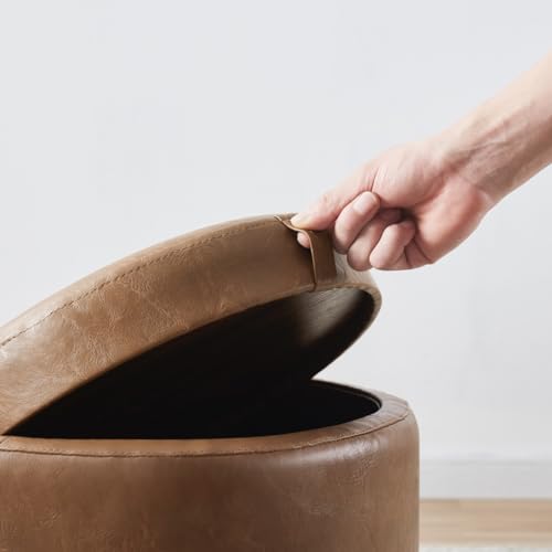 17" Round Storage Ottoman with Tray Top, Faux Leather, Mocha | Reversible Tray Lid Flips to Soft Leather Top; Ideal Foot Rest & Extra Seating for Living Room, Bedroom or Office
