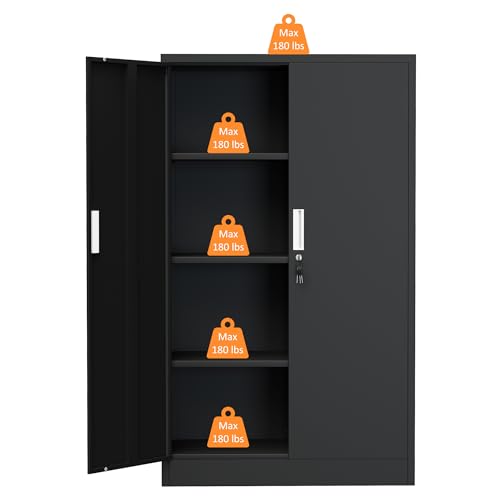 Metal Storage Cabinet with Locking Doors and 3 Adjustable Shelves, Lockable Storage Cabinets for Home Office Garage Kitchen Pantry (Black)