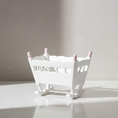 Dollhouse Cradle Miniature Rocking Bed Wooden Infant Furniture Spindle Rail Nursery Crib Realistic Design Suitable for Diorama Project Collector Display Bedroom Scene, Pink