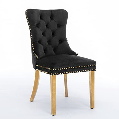 Solid Wood Velvet Upholstered Dining Chair with Golden Stainless Steel Plating Legs,Contemporary Design W/Nailhead Trim,Set of 2,for Living Room,Apartment,Black and Gold