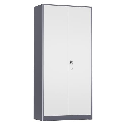 72” Metal Storage Cabinet, Lockable File Cabinet with 2 Doors and 4 Adjustabble Shelves,Garage Storage Cabinets for Office, Warehouse, Home, (Grey White