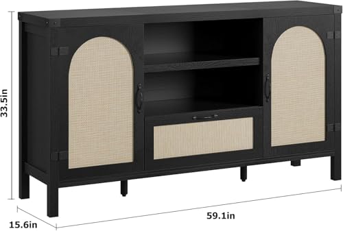 Sideboard Buffet Cabinet with Storage, 59.1" Large Rattan Storage Cabinet with Drawers, Farmhouse Coffee Bar Cabinet for Living Room, Kitchen, Entryway, Black