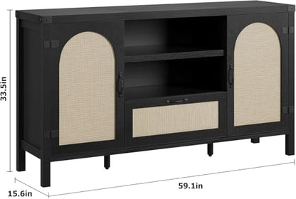 Sideboard Buffet Cabinet with Storage, 59.1" Large Rattan Storage Cabinet with Drawers, Farmhouse Coffee Bar Cabinet for Living Room, Kitchen, Entryway, Black