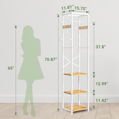 Coat Rack Freestanding, Hall Tree with 3 Shelves and 12 Hooks | Industrial Metal Frame, Space-Saving Design, Clothes Rack Stand Organizer for Bedroom, Hallway, Entryway, Office, Living Room