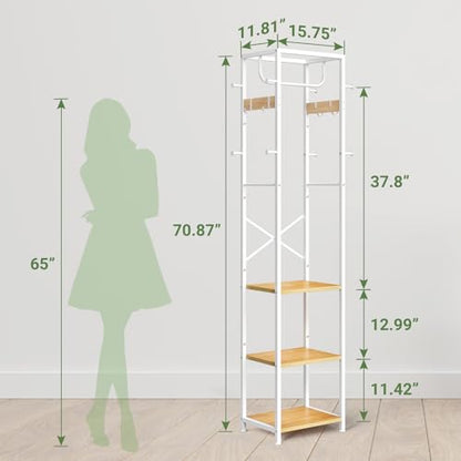 Coat Rack Freestanding, Hall Tree with 3 Shelves and 12 Hooks | Industrial Metal Frame, Space-Saving Design, Clothes Rack Stand Organizer for Bedroom, Hallway, Entryway, Office, Living Room