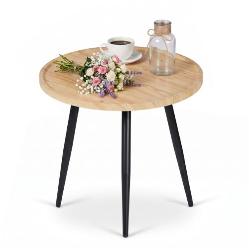 Modern Side Table, Round Small End Table, Exclusively Designed Hand-Crafted Small Nightstand, Solid Wood,Natural top with Black Metal Legsfor Bedrooms, Living Rooms and Home Office