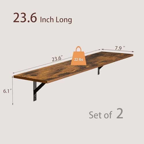 Wall Shelves, 23.6 x 7.9 x 6.1 Inch Floating Shelves for Wall, Easy-to-Install Wall Storage Ledges with Sturdy Metal Brackets for Living Room, Bathroom, Kitchen, Rustic Brown