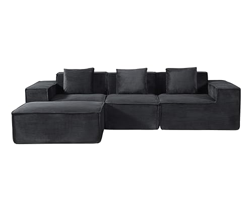 Rowan Convertible Corduroy Sectional Couch with Ottoman & Pillows, Modular L Shaped Sleeper Sofa, Boneless Cloud Couch for Living Room Furniture, Black