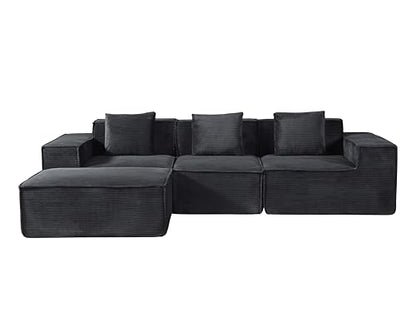 Rowan Convertible Corduroy Sectional Couch with Ottoman & Pillows, Modular L Shaped Sleeper Sofa, Boneless Cloud Couch for Living Room Furniture, Black