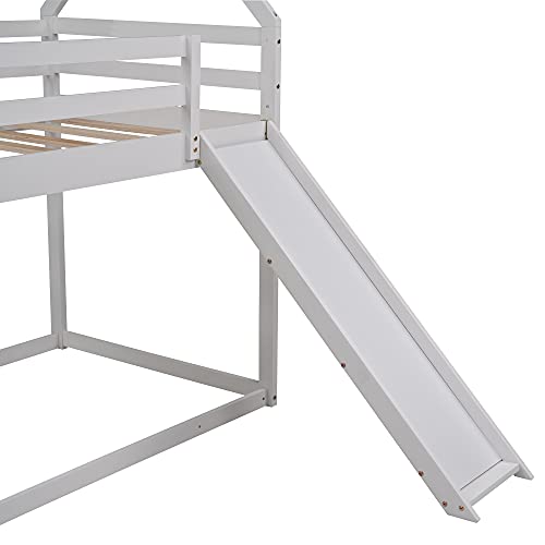 House Bed Bunk Beds with Slide, Wood Bunk Beds with Roof and Guardrail Twin Over Twin Bunk Bed for Kids, Toddlers, No Box Spring Needed (New, White)
