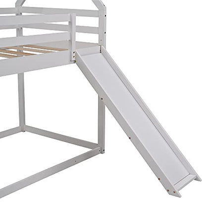 House Bed Bunk Beds with Slide, Wood Bunk Beds with Roof and Guardrail Twin Over Twin Bunk Bed for Kids, Toddlers, No Box Spring Needed (New, White)