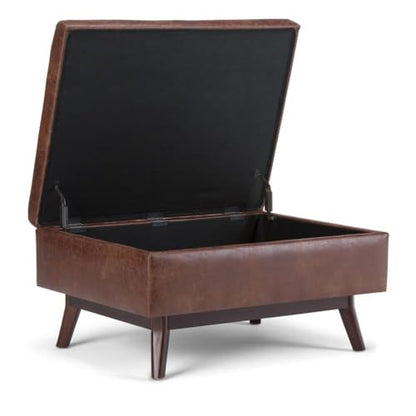 Faux Leather Storage Coffee Table Ottoman, Saddle Brown Finish, 18.5" H x 34.06" W x 25.98" D, Lift-Up Lid, Solid Wood Base, Mid-Century Style, Living Room Furniture