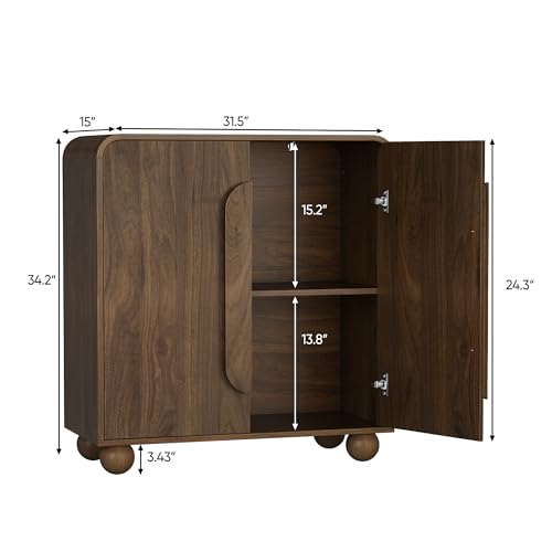 Walnut Sideboard Cabinet, Freestanding Buffet Cabinet with Spherical Feet, Wood Storage Cabinet with Adjustable Shelf for Living Room, Entryway, Hallway