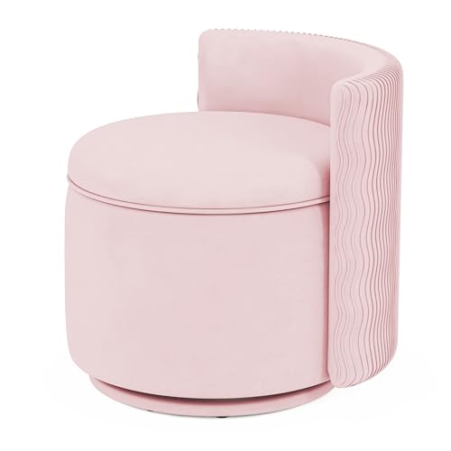 360° Swivel Accent Chair with Storage, Vanity Stool with Back, Velvet Storage Ottoman, Upholstered Round Barrel Vanity Chair for Living Room, Makeup Room, Bedroom (Pink)