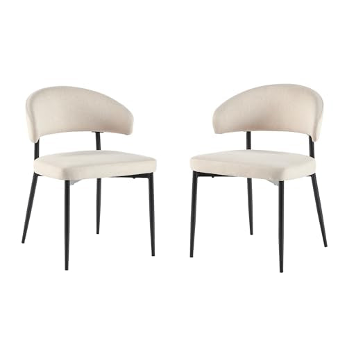 Modern Curved Back Upholstered Dining Chair with High-Performance Woven Upholstery and Powder Coated Steel Base, 2pk, Ivory