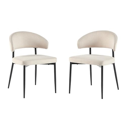Modern Curved Back Upholstered Dining Chair with High-Performance Woven Upholstery and Powder Coated Steel Base, 2pk, Ivory