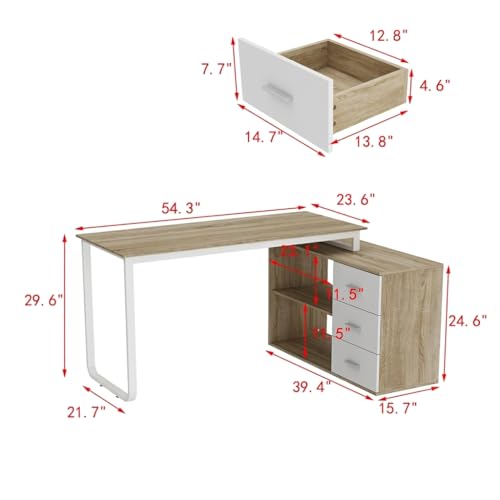 Home Office Computer Desk Corner Desk with 3 Drawers and 2 Shelves, 54 Inch Large L-Shaped Study Writing Table with Storage Cabinet - Walnut and White