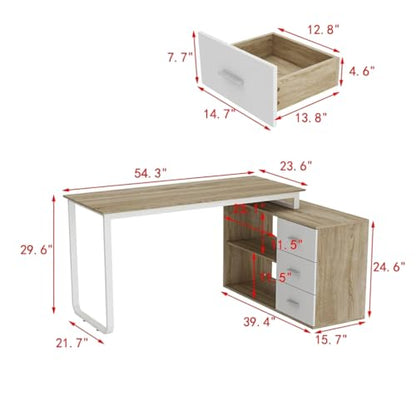 Home Office Computer Desk Corner Desk with 3 Drawers and 2 Shelves, 54 Inch Large L-Shaped Study Writing Table with Storage Cabinet - Walnut and White