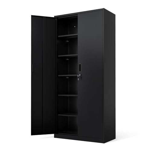 Metal Garage Storage Cabinet with 2 Doors and 5 Adjustable Shelves, 71" Tall Steel Lockable File Cabinet, Locking Tool Cabinets for Home Office Garage Gym School (Black)