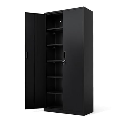 Metal Garage Storage Cabinet with 2 Doors and 5 Adjustable Shelves, 71" Tall Steel Lockable File Cabinet, Locking Tool Cabinets for Home Office Garage Gym School (Black)
