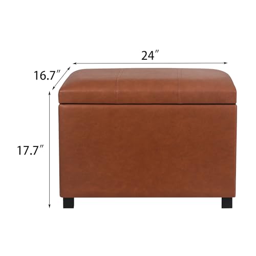 24-Inch Storage Ottoman Bench,Foot Stool Ottoman with Storage, Faux Leather Upholstered Foot Rest Seat with Safety Hinge,Wood Legs Stool for Living Room, Bedroom,Entryway, Cognac Brown