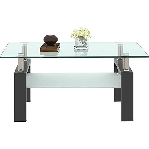 Morden Design Rectangle Glass Coffee Table for Living Room, with Black Metal Legs, Clear Tempered Glass