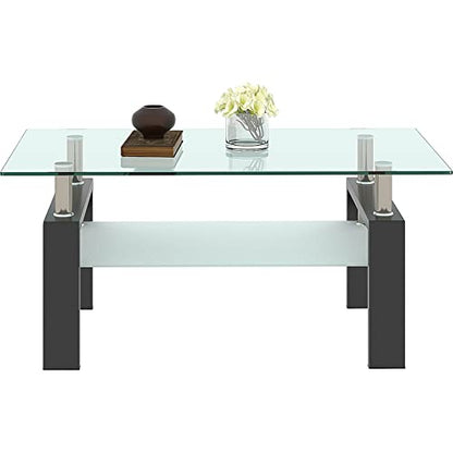 Morden Design Rectangle Glass Coffee Table for Living Room, with Black Metal Legs, Clear Tempered Glass