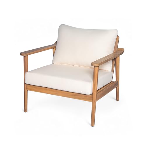 Batis Acacia Wood Lounge Chair Outdoor Set of 2, Wooden Patio Accent Chair Set, Comfy Reading Seat with Removable Cushion, Patio Furniture Set, Teak+Beige