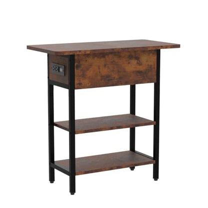 End Table with Charging Station, Flip Top Side Table with USB Ports and Outlets, Sofa Couch Table Bedside Table for Living Room Bedroom, Narrow Nightstand with Storage Shelves for Small Space
