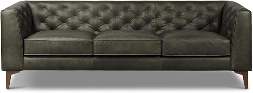 Poly & BARK Essex 89” Full-Grain Italian Leather Sofa – Tufted Back, Feather-Down Comfort, Solid Wood Frame, Olivine Green