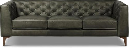 Poly & BARK Essex 89” Full-Grain Italian Leather Sofa – Tufted Back, Feather-Down Comfort, Solid Wood Frame, Olivine Green