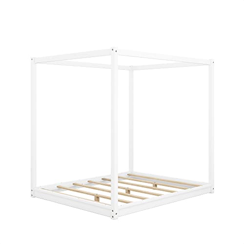 Queen Size Canopy Bed, Wood Queen Platform Floor Bed with Slat Support, view 7