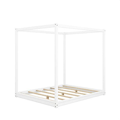 Queen Size Canopy Bed, Wood Queen Platform Floor Bed with Slat Support, view 7