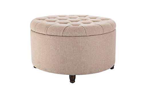 Classic 28-Inch Wide Button Tufted Round Storage Ottoman Footstool with Lift Off Lid, Light Brown Fabric