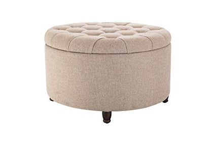 Classic 28-Inch Wide Button Tufted Round Storage Ottoman Footstool with Lift Off Lid, Light Brown Fabric