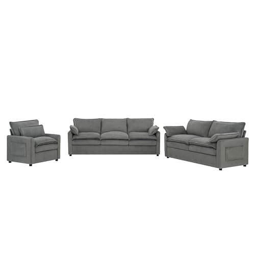 3-Piece Living Room Furniture Set with 3-Seater Sofa, Loveseat and Accent Chair, Side Storage Pocket, Grey