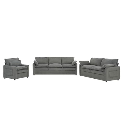 3-Piece Living Room Furniture Set with 3-Seater Sofa, Loveseat and Accent Chair, Side Storage Pocket, Grey