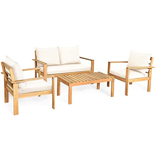4 Piece Patio Furniture Set Outdoor Conversation Set Wood Sofa Table Set with Cushions, Acacia Wood Chairs & Coffee Table Set for Garden Backyard Poolside
