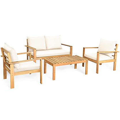 4 Piece Patio Furniture Set Outdoor Conversation Set Wood Sofa Table Set with Cushions, Acacia Wood Chairs & Coffee Table Set for Garden Backyard Poolside