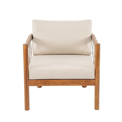 Coastal Haven Acacia Wood Lounge Chair Outdoor with Removable Cushion, Wooden Patio Accent Chair with Woven Rope Details, Outdoor Armchair for Patio Furniture Set, Teak+Beige