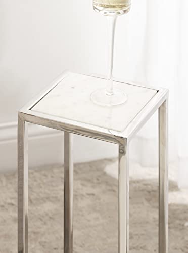 Jaspur Modern Glam Drink Table, 7 x 7 x 21, White and Silver, Decorative Metal and Marble Accent Martini Cocktail Table for Display and Storage