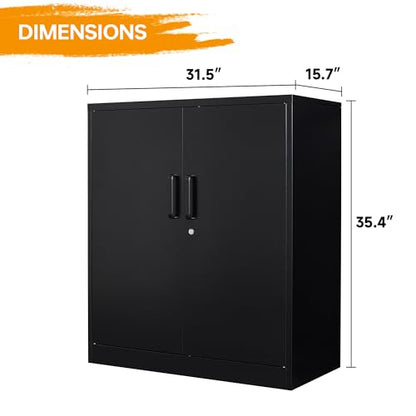 STANI Metal Storage Cabinet with 2 Adjustable Shelves, Steel Counter Cabinet with Lockable Doors for Home Office (Black)