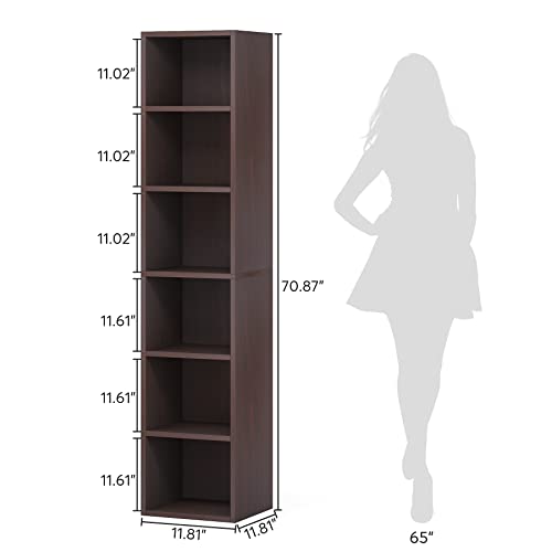 70.9 Inch Tall Narrow Bookcase, Corner Bookshelf 6 Tier Cube Display Shelf Storage Organizer for Small Space, Brown