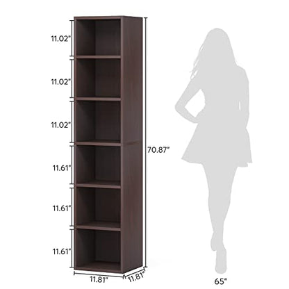 70.9 Inch Tall Narrow Bookcase, Corner Bookshelf 6 Tier Cube Display Shelf Storage Organizer for Small Space, Brown