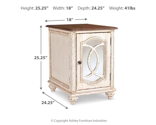 Signature Design by Ashley Realyn Chairside End Table, Living Room Side Table, Antique Two-Tone Mirrored Door, Ash Veneer, Wood and Engineered Wood, White/Brown, 18"W x 24"D x 25"H