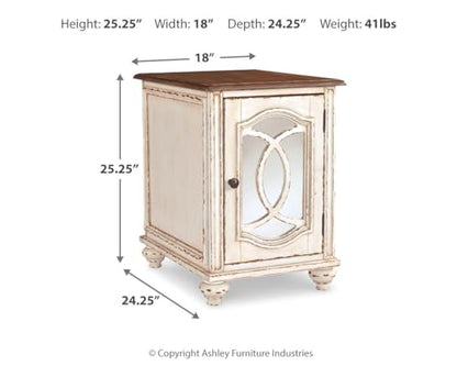 Signature Design by Ashley Realyn Chairside End Table, Living Room Side Table, Antique Two-Tone Mirrored Door, Ash Veneer, Wood and Engineered Wood, White/Brown, 18"W x 24"D x 25"H